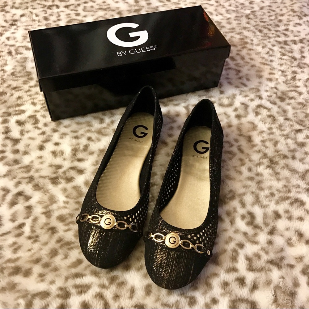 G by Guess Black Metallic Chain-Accent Flats